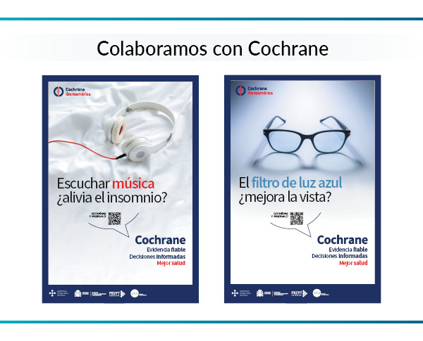 carteles de colaboración entre OCU y Cochrane sobre estudios científicos